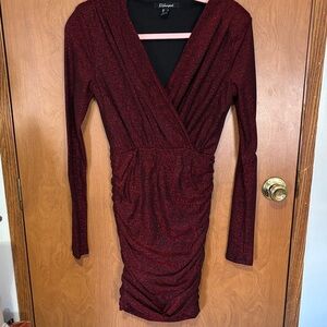 Bebe Burgundy Shimmer Long Sleeve Dress